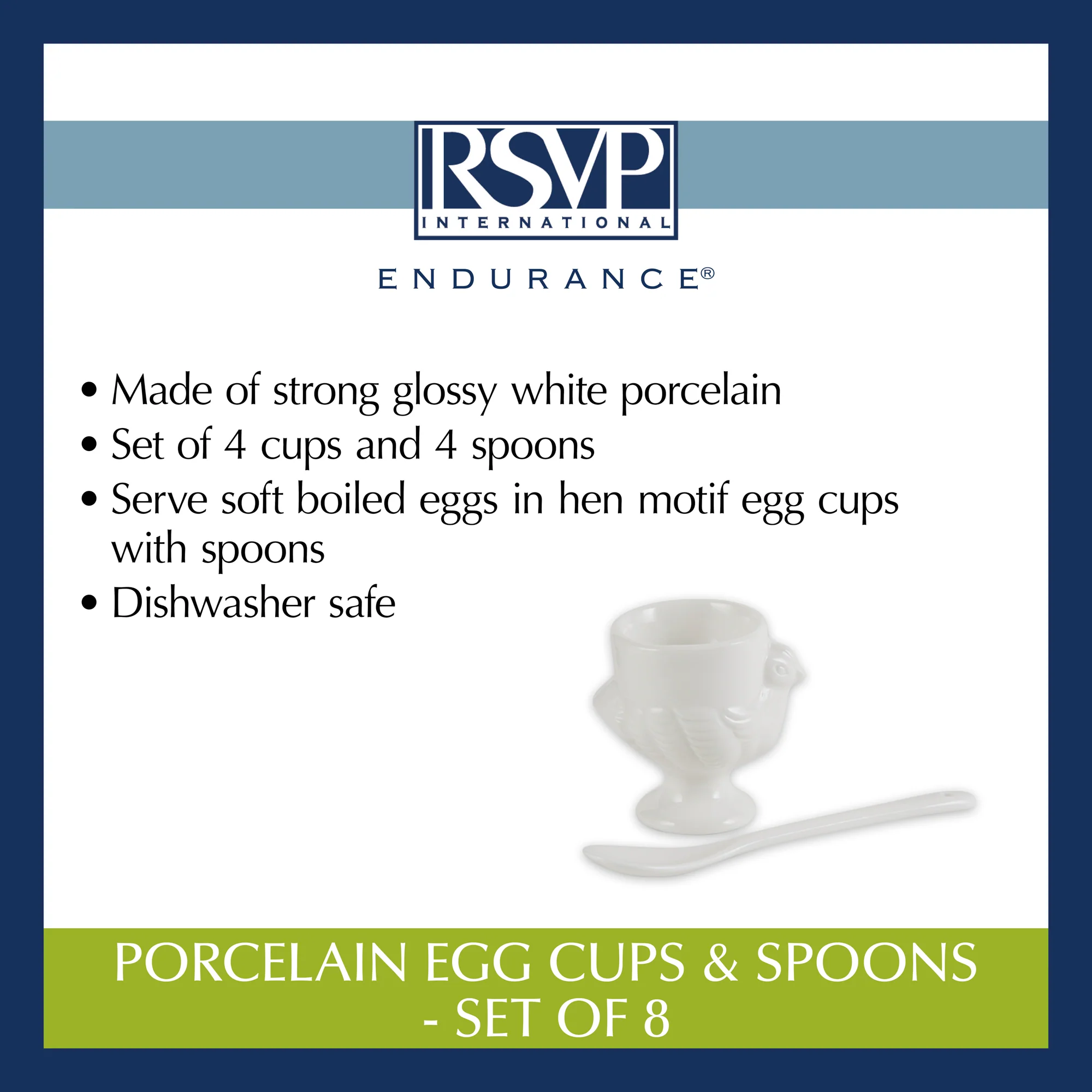 Porcelain Egg Cups  & Spoons - Set Of 8 (4C + 4Sp)