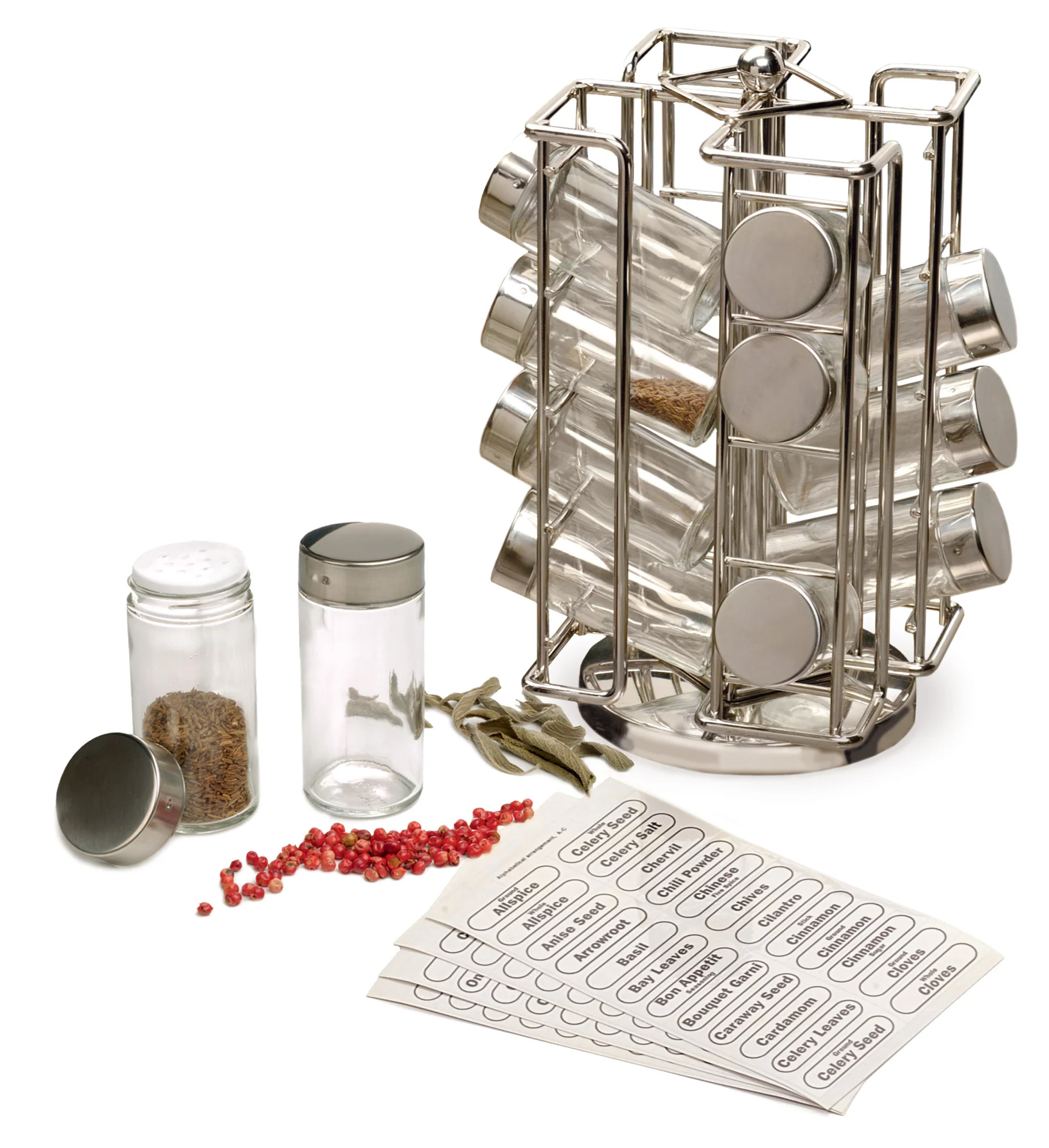 Revolving Spice Rack with 16 Jars + Labels