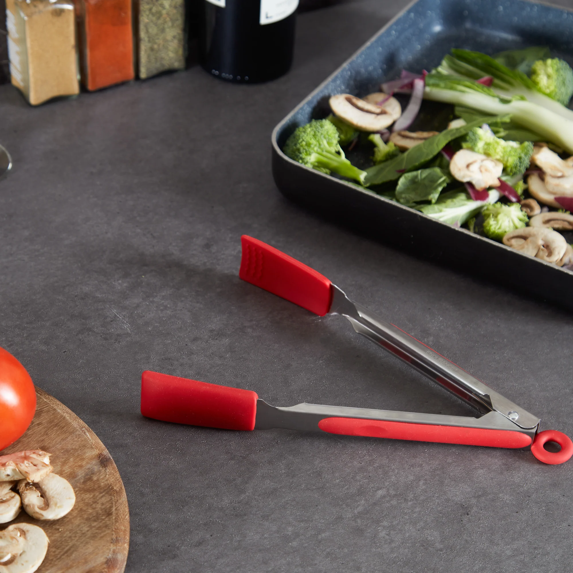 Endurance® Square Silicone Tip Tongs - 9In - Red