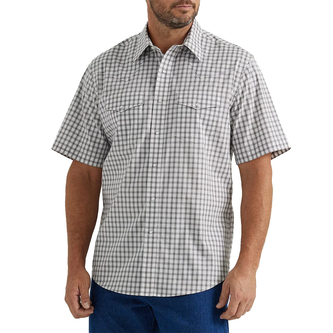 Wrangler Men's Wrinkle Resist Short Sleeve Western Snap Plaid In Rock Grey Window