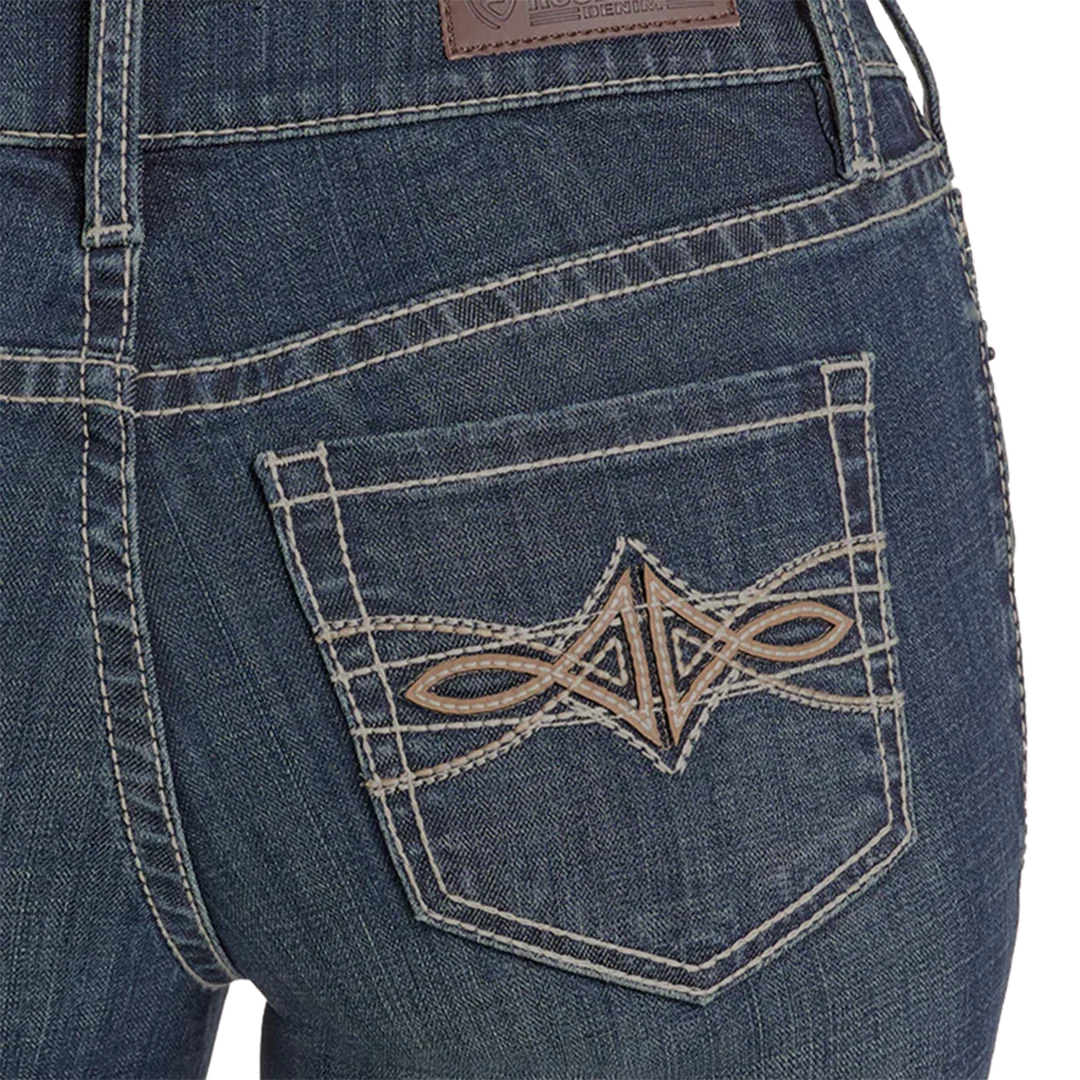 Rock & Roll Denim Women's Leather Embroidered Pocket Modest Bootcut Jeans