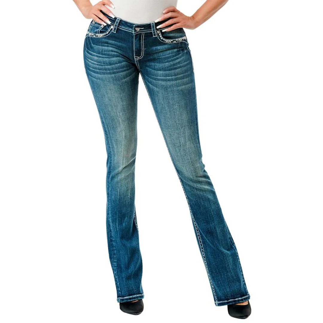 Grace in LA Women's Aztec Detail Pocket Bootcut Jeans