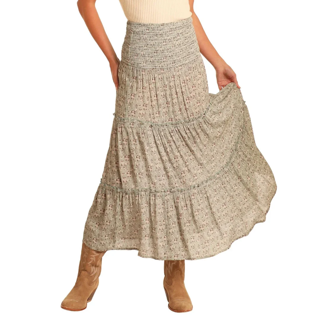 Rock & Roll Denim Floral Print Maxi Skirt