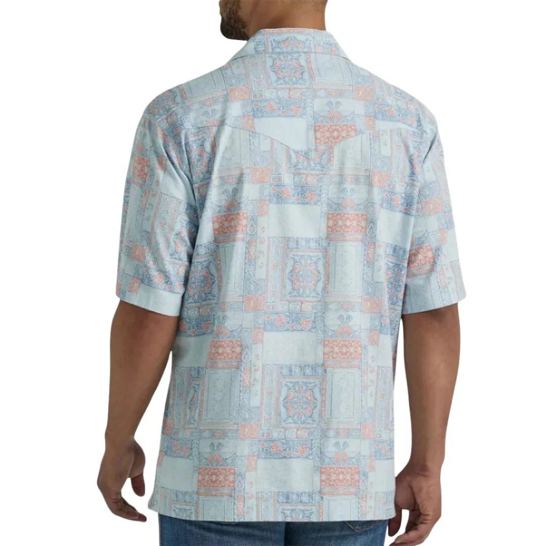 Wrangler Men's Coconut Cowboy Light Blue Print Short Sleeve Snap Shirt