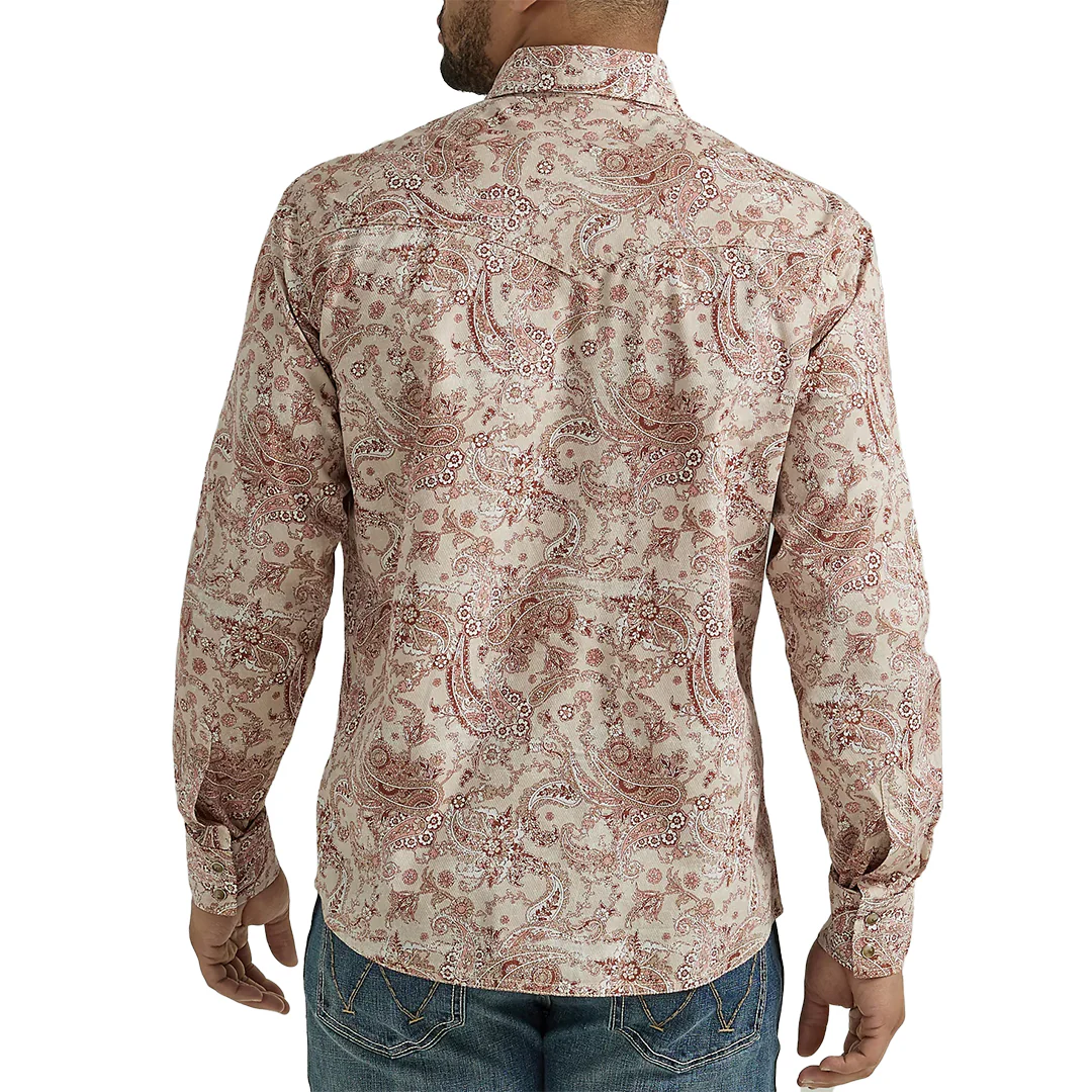 Wrangler Men's Retro Premium Western Snap Print Shirt in Peach Paisley