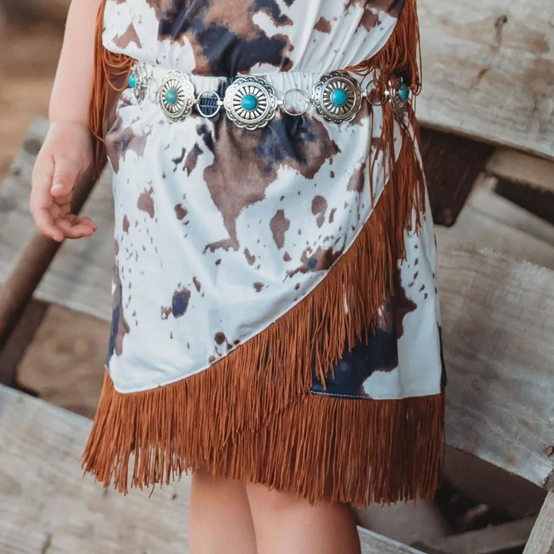 Shea Baby Toddler Girls' Brown Cowprint Fringe Skirt