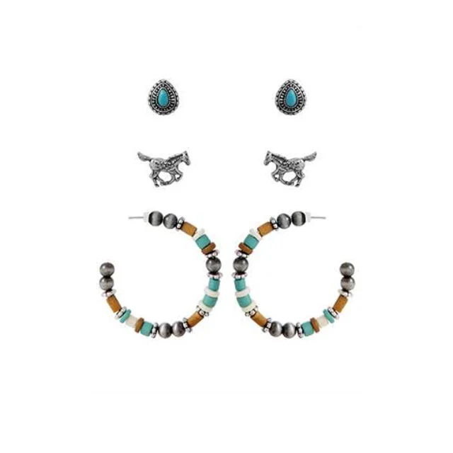 Wyo-Horse Beaded Hoops Horse Teardrop Earrings - Set of 3