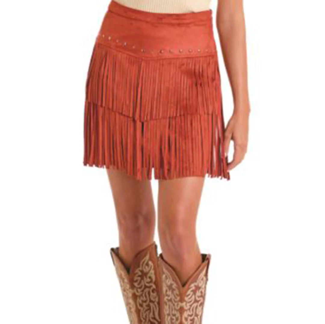 Rock & Roll Denim Microsuede Fringe Skirt