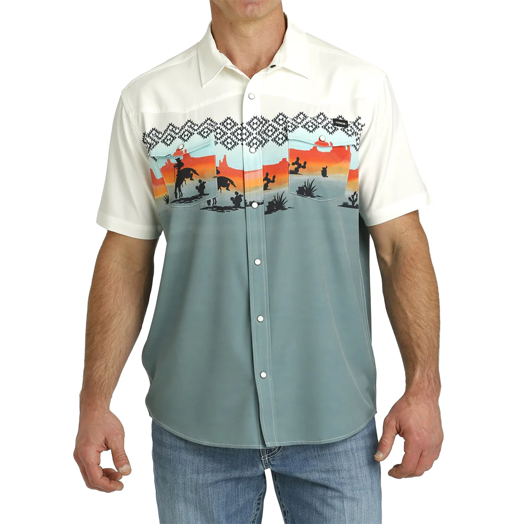 Cinch Men's Vintage Border Print Western Camp Short Sleeve Snap Shirt
