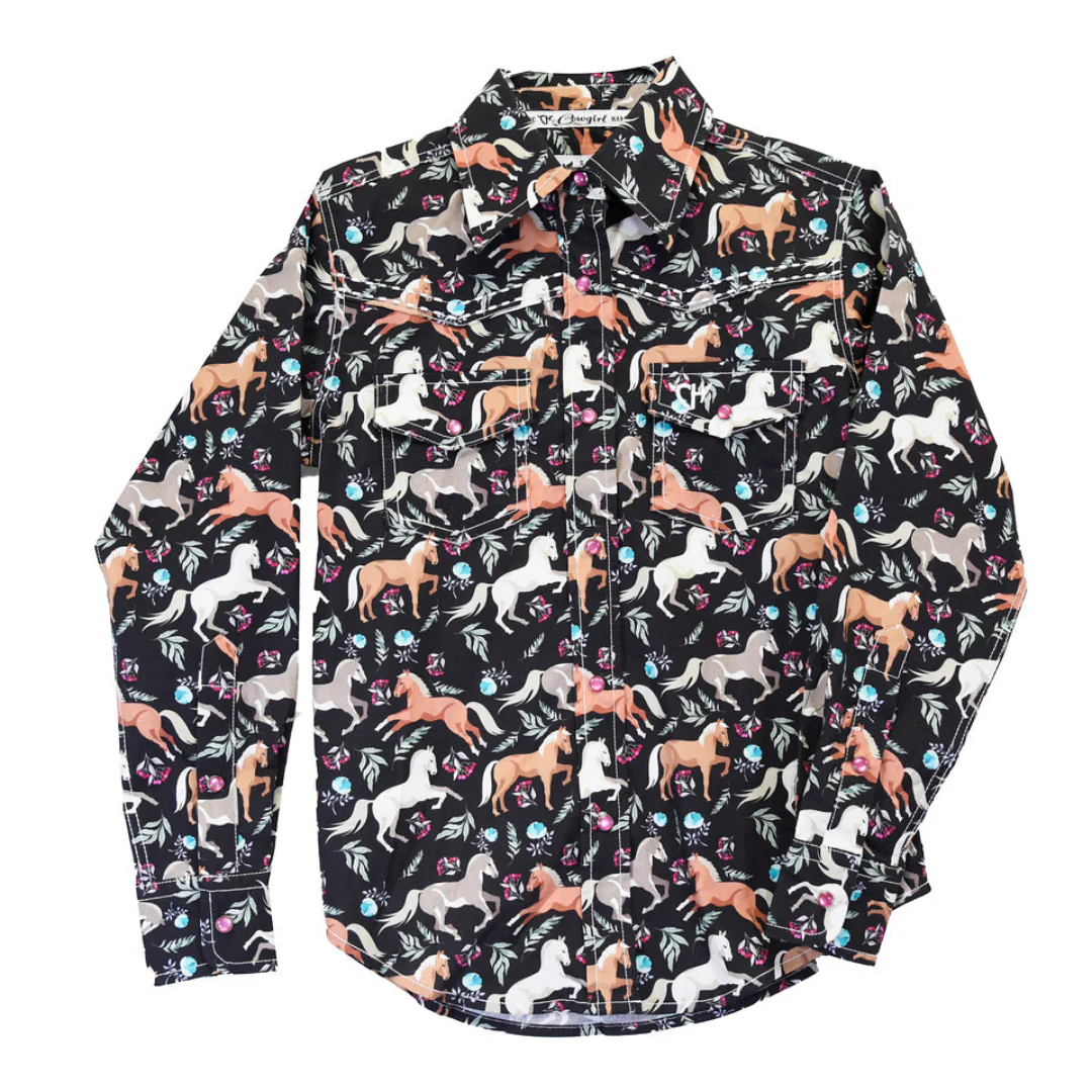 Cowgirl Hardware Girls' Horse Print Snap Shirt