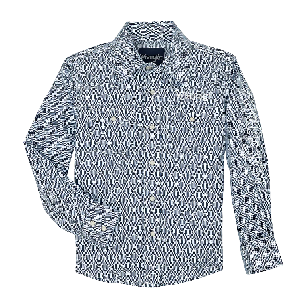 Wrangler Boys' Logo With Geometric Print Long Sleeve Snap Shirt