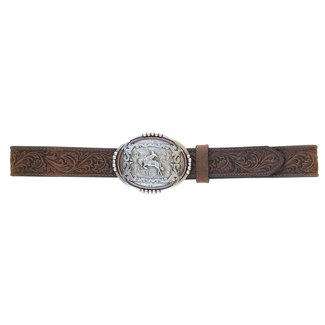 AndWest Men's Tooled Leather Belt with Bronco Rider Buckle
