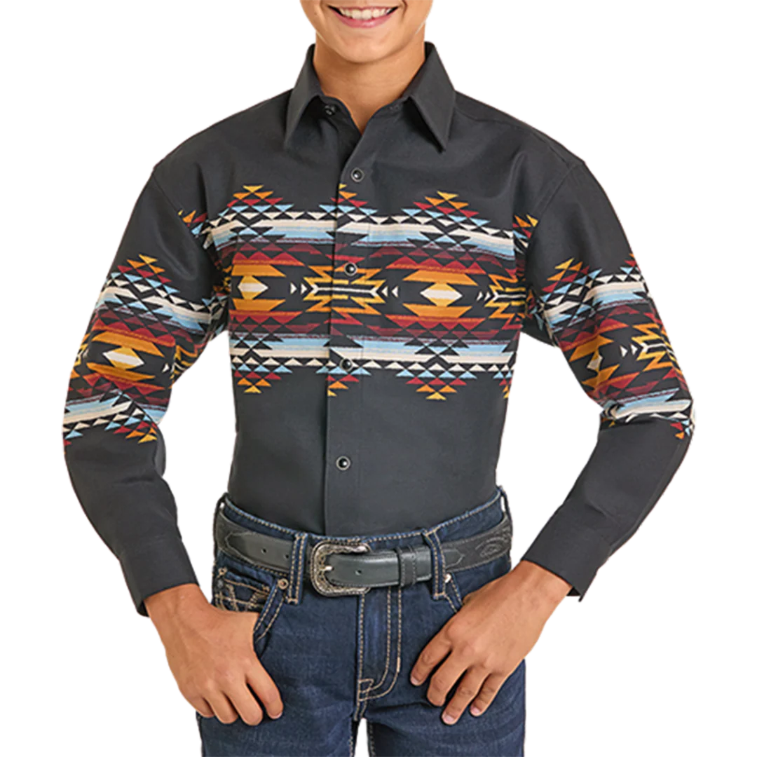 Panhandle Boys' Aztec Border Print Snap Shirt