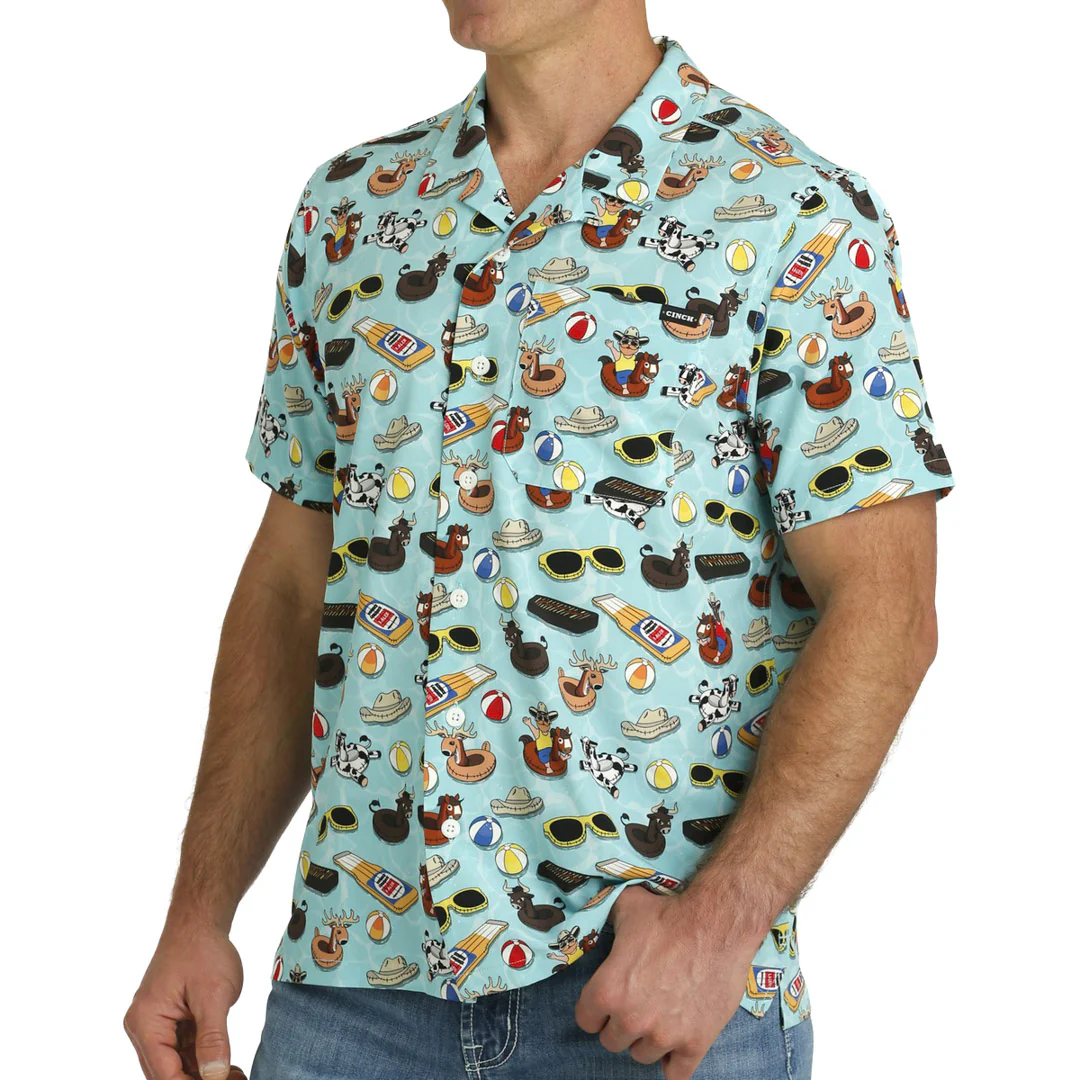 Cinch Men's Short Sleeve Camp Shirt in Turquoise