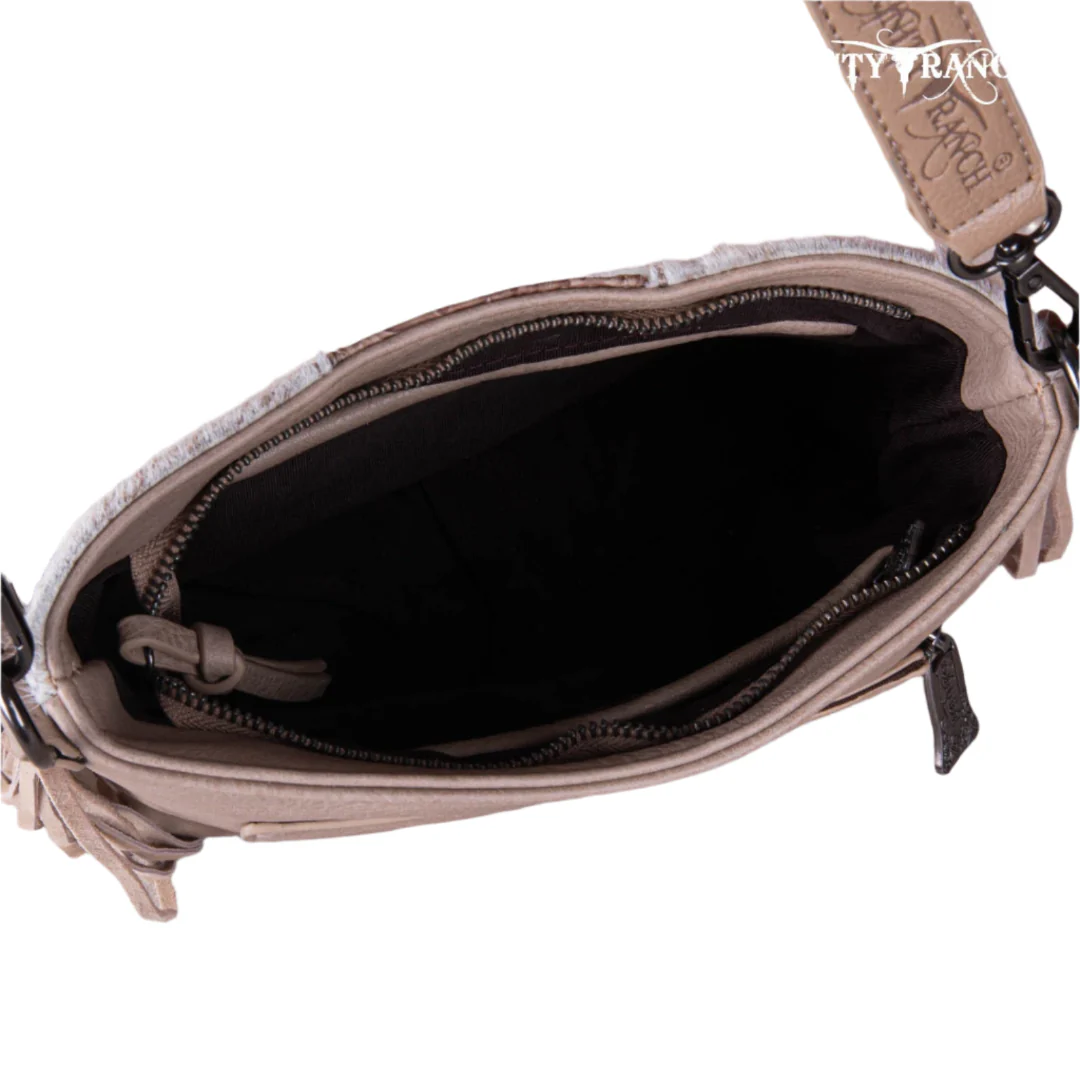 Trinity Ranch Hair-On Leather Cowhide Tooled Fringe Crossbody