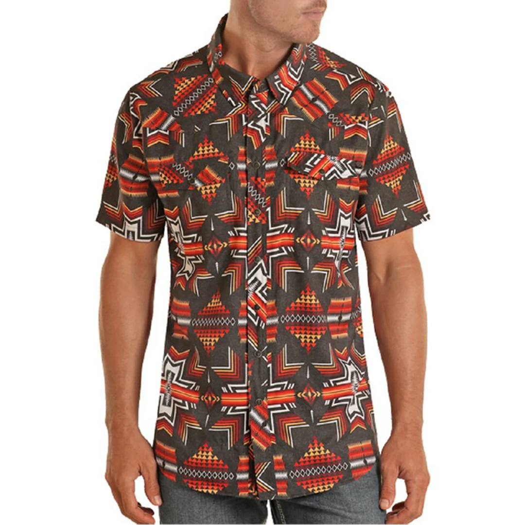 Rock & Roll Cowboy Men's Aztec Print Short Sleeve Snap Shirt
