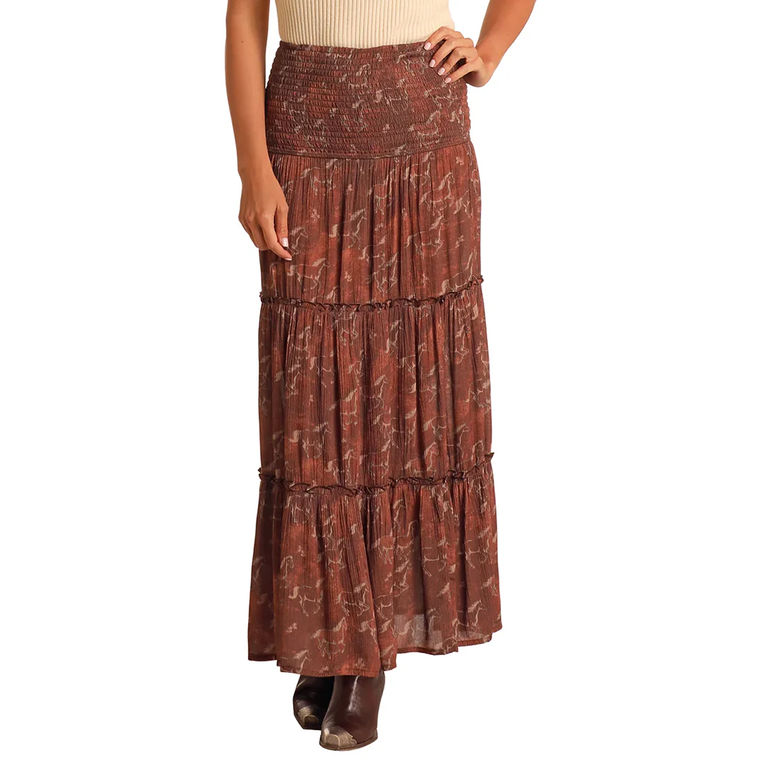 Rock & Roll Denim Horse Print Maxi Skirt