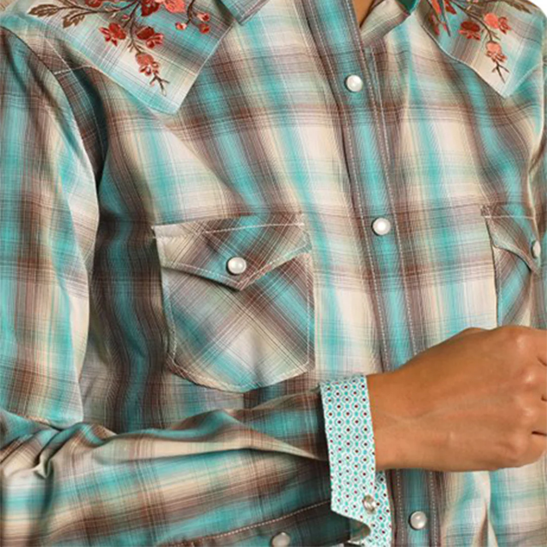 Rough Stock Women's Plaid With Floral Embroidery Long Sleeve Snap Shirt