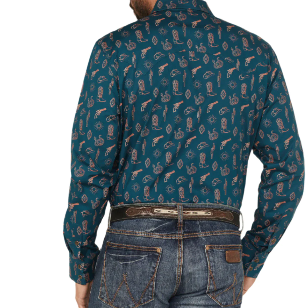 Rock & Roll Denim Men's Cowboy Print Long Sleeve Snap Shirt
