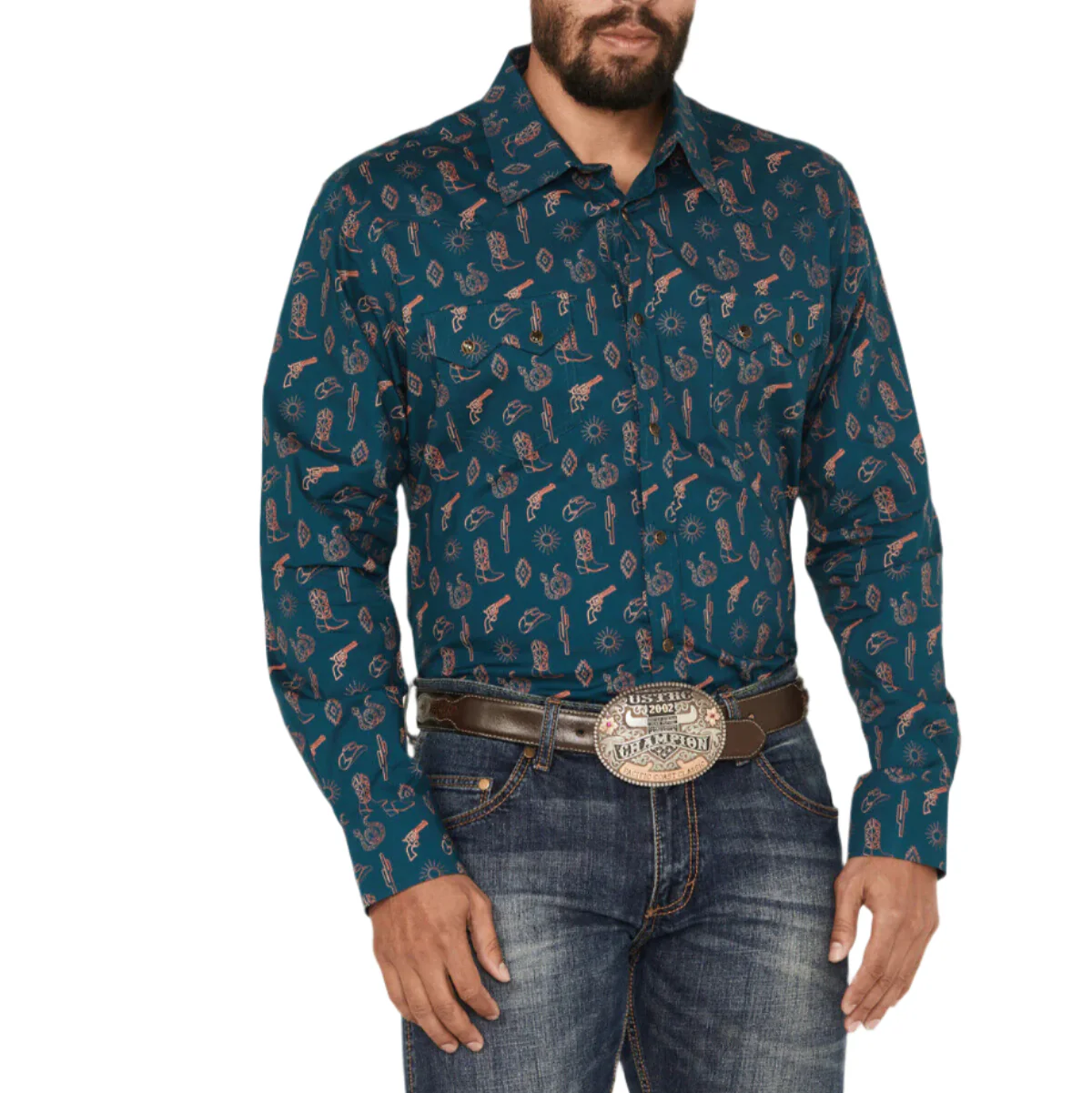 Rock & Roll Denim Men's Cowboy Print Long Sleeve Snap Shirt