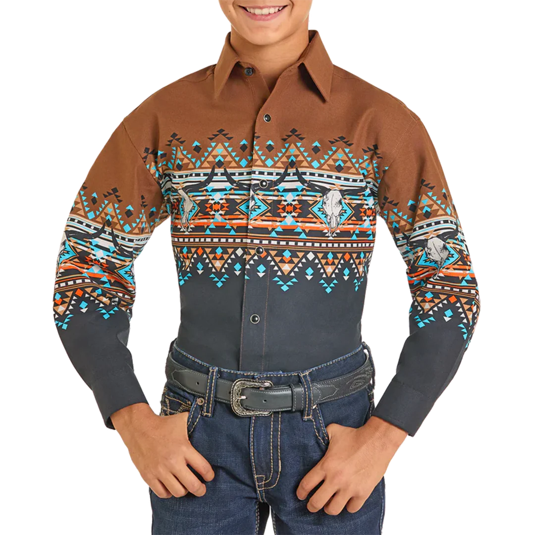 Panhandle Boys' Aztec Border Print Snap Shirt