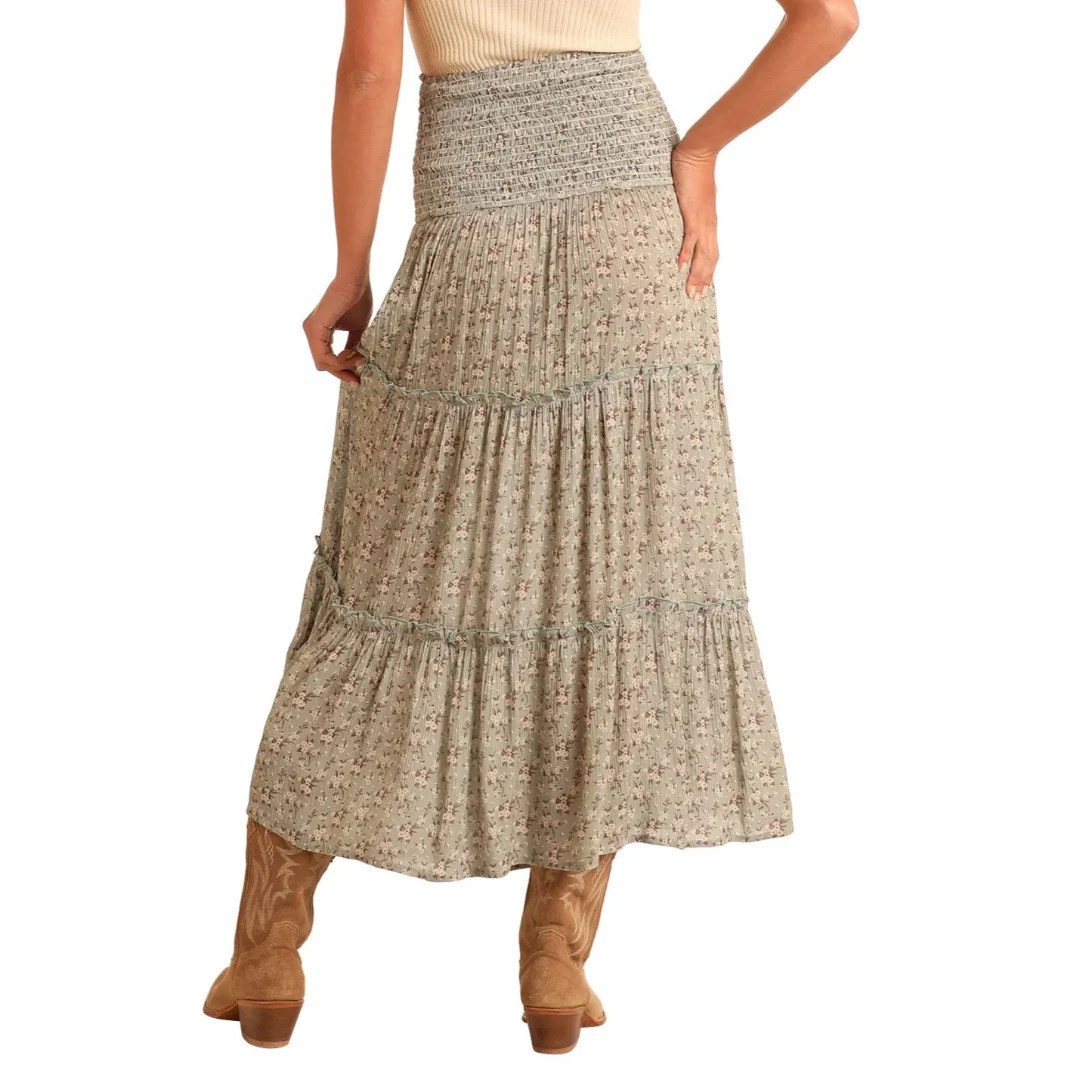 Rock & Roll Denim Floral Print Maxi Skirt