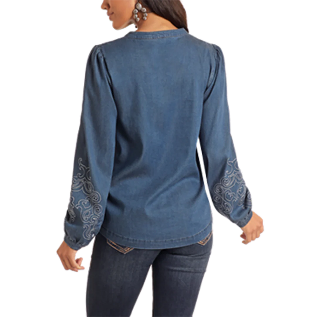 Panhandle Women's Embroidered Chambray Button-Up Blouse
