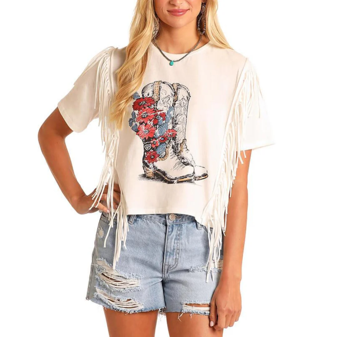 Rock & Roll Denim Women's Floral Boot Print Fringe T-Shirt