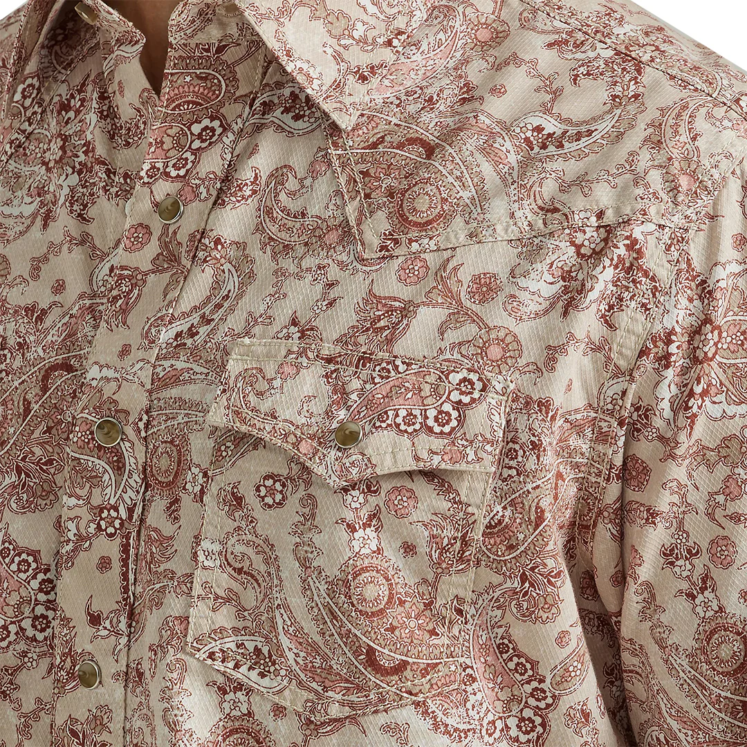 Wrangler Men's Retro Premium Western Snap Print Shirt in Peach Paisley
