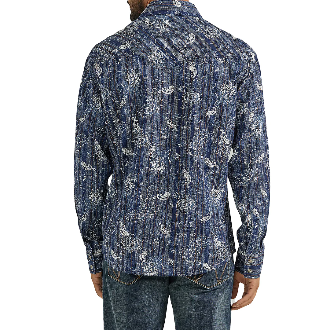 Wrangler Men's Retro Premium Indigo Paisley Long Sleeve Snap Shirt