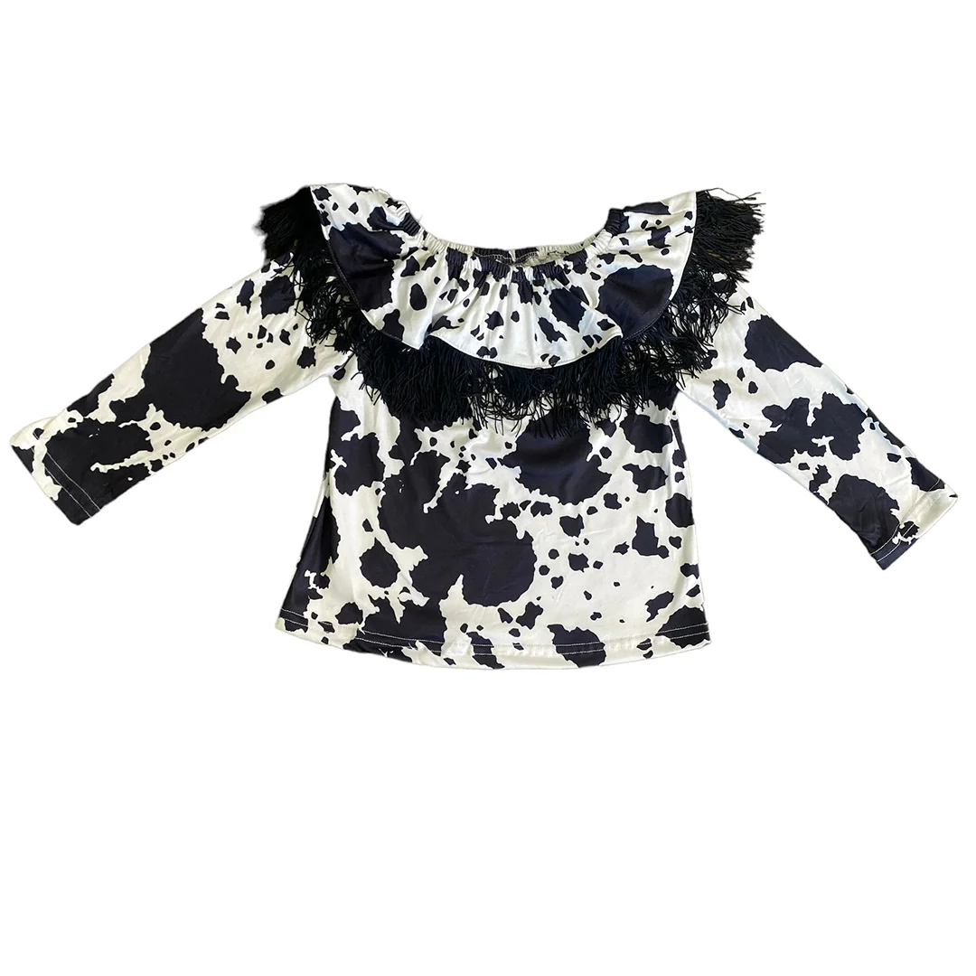 Shea Baby Toddler Girls' Cowprint Off Shoulder Fringe Shirt