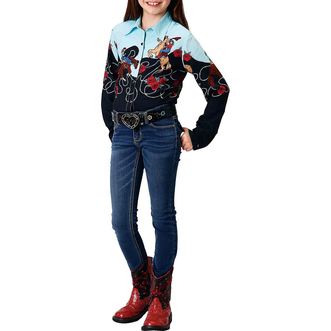 Roper Girls' Cowgirl Border Print Snap Shirt
