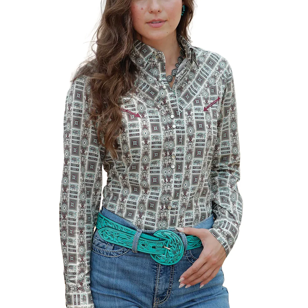 Cruel Denim Women's Western Long Sleeve Print Snap Shirt