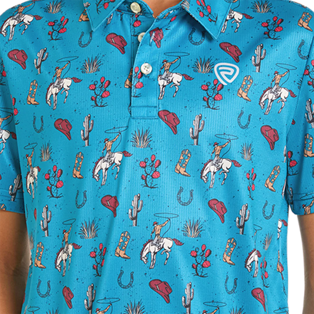 Rock & Roll Denim Boys' Cactus And Cowboy Print Short Sleeve Polo