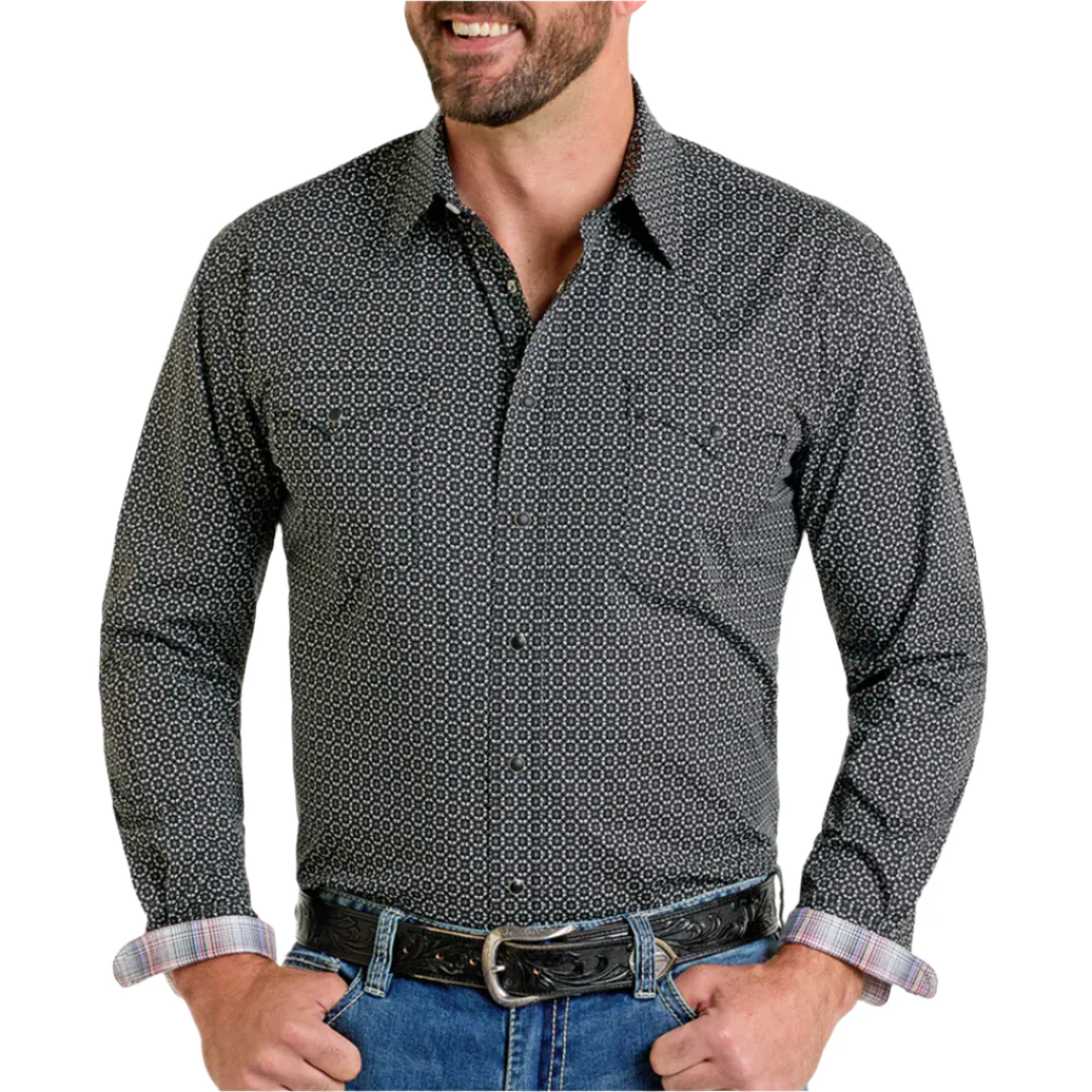 Rough Stock Men's Mini Geometric Print Long Sleeve Snap Shirt