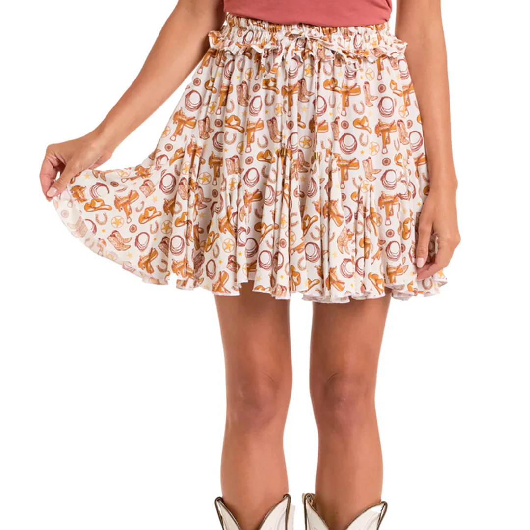 Rock & Roll Denim Conversational Print Godet Skirt