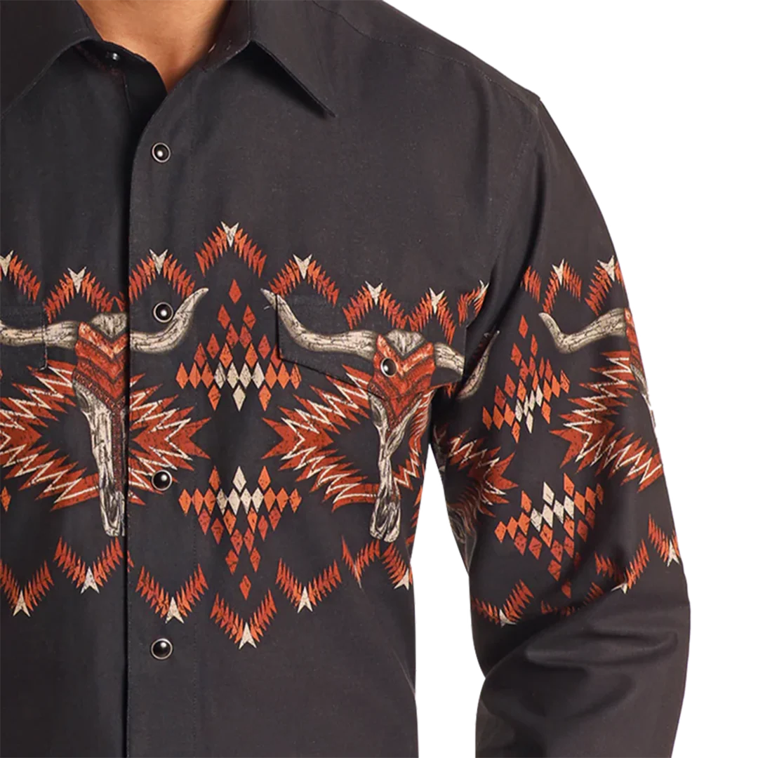 Panhandle Men's Longhorn Aztec Print Long Sleeve Snap Shirt