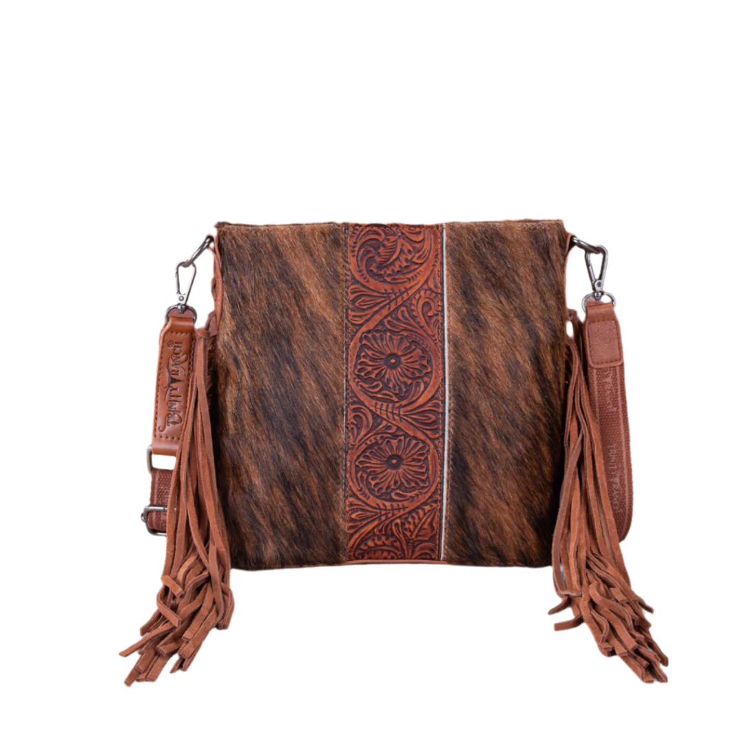 Trinity Ranch Hair-On Leather Cowhide Tooled Fringe Crossbody