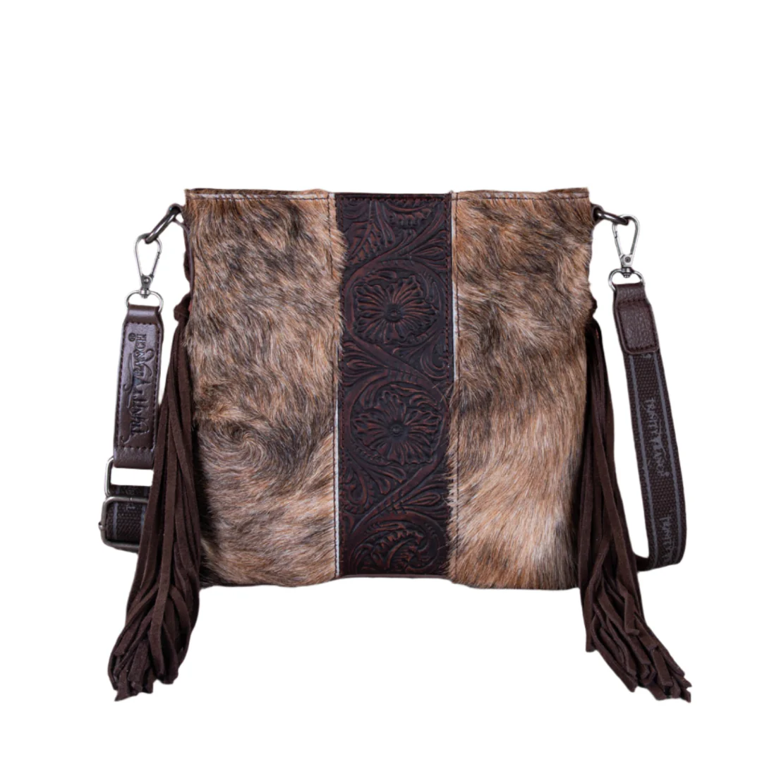 Trinity Ranch Hair-On Leather Cowhide Tooled Fringe Crossbody