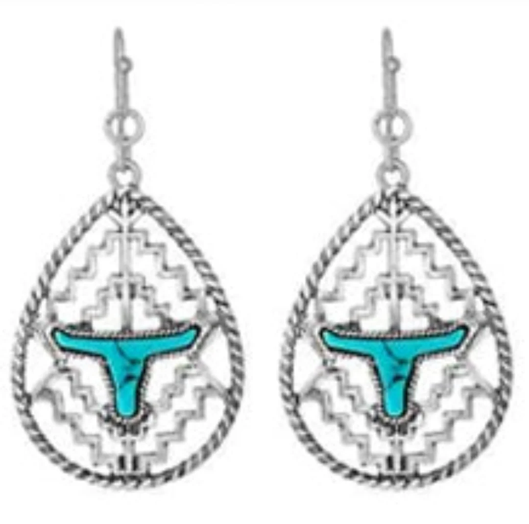 Wyo Horse Women's Aztec Tear Drop Steer Earrings