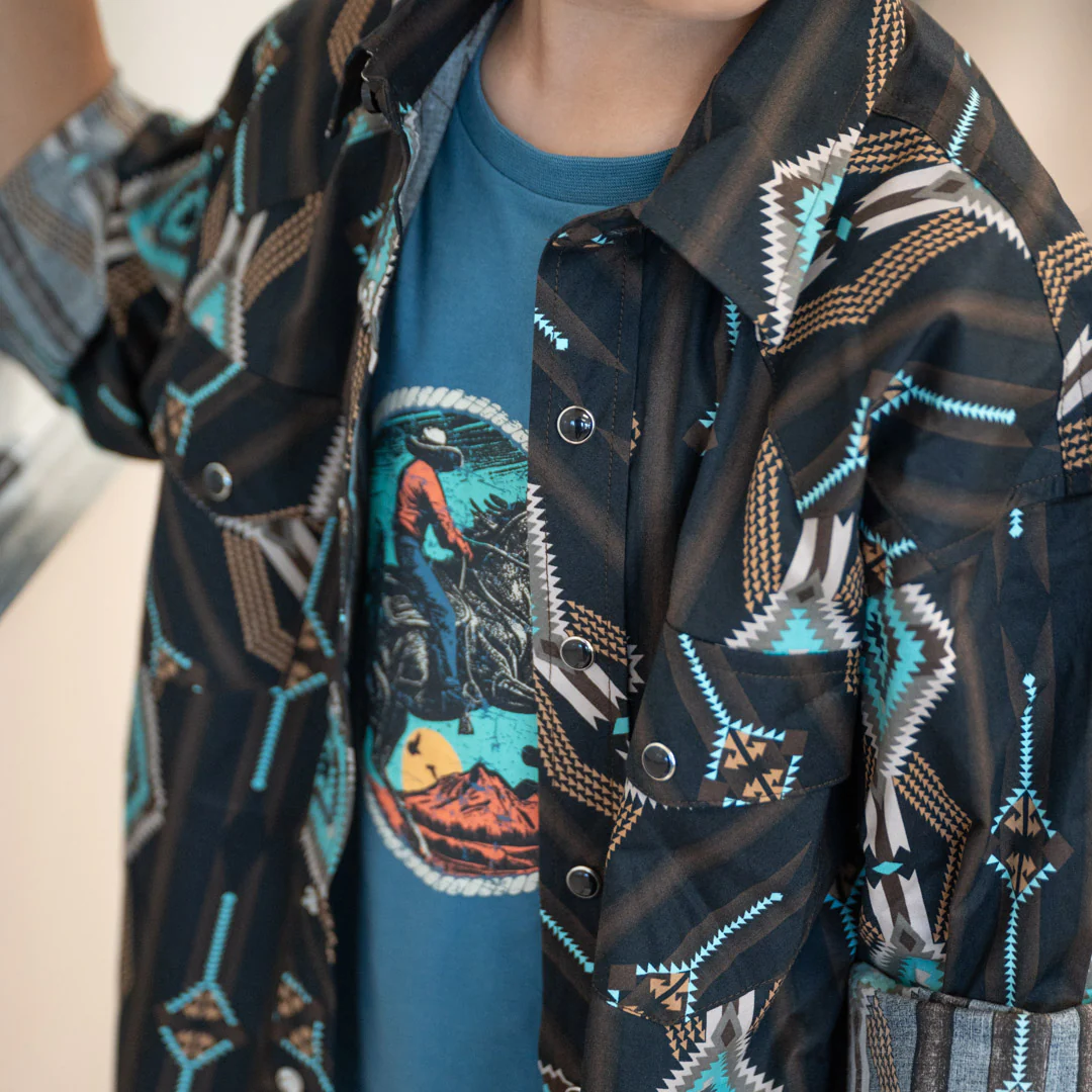 Rock & Roll Cowboy Boys' Black & Turquoise Aztec Woven Snap