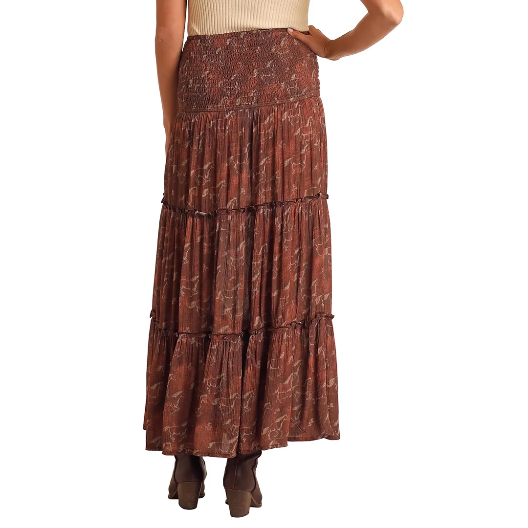 Rock & Roll Denim Horse Print Maxi Skirt