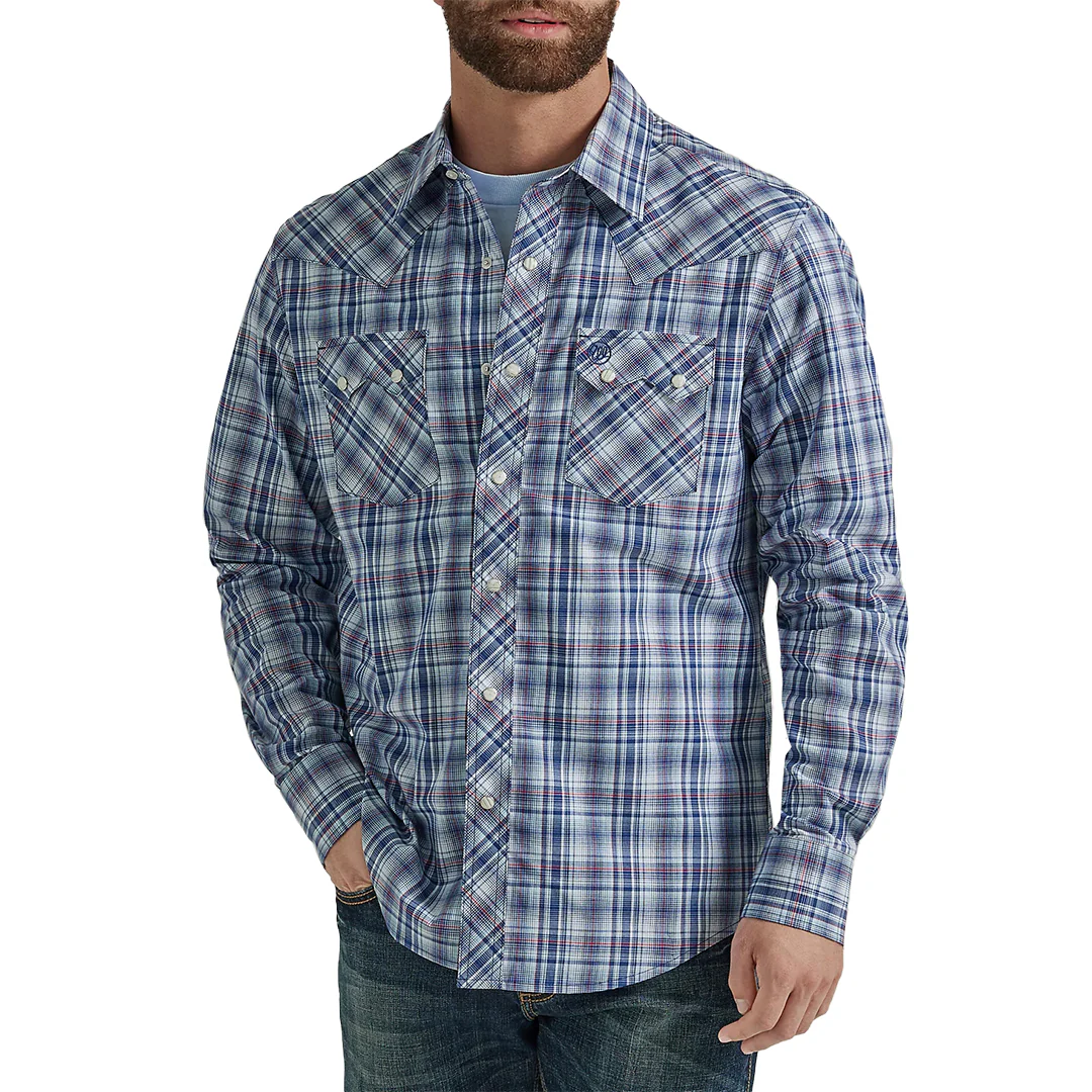 Wrangler Men's Retro Sawtooth Snap Shirt in Blue Plaid