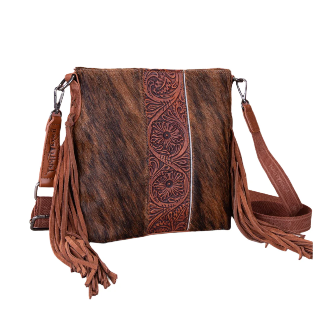 Trinity Ranch Hair-On Leather Cowhide Tooled Fringe Crossbody