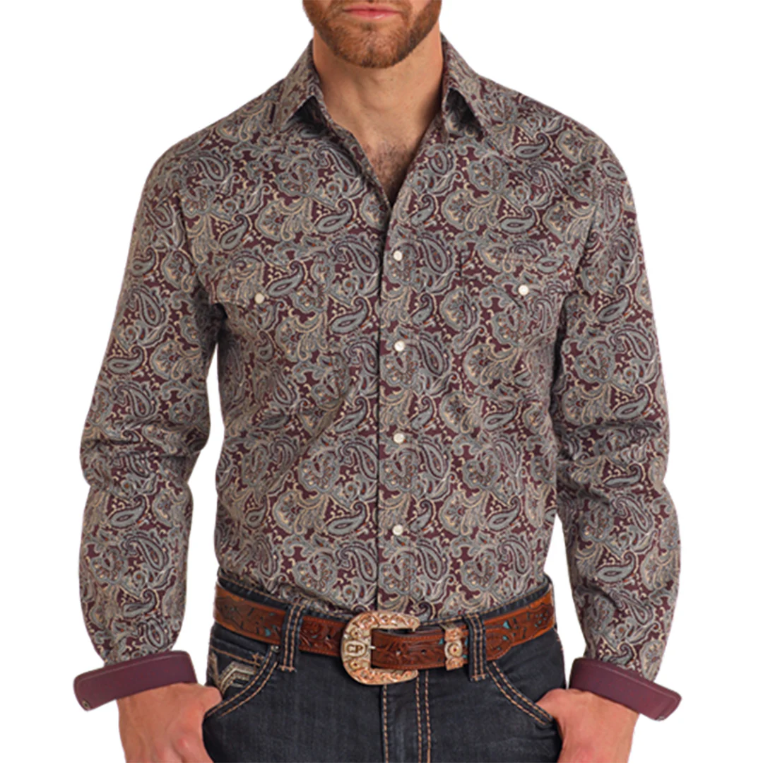 Rough Stock Men's Paisley Print Long Sleeve Snap Shirt