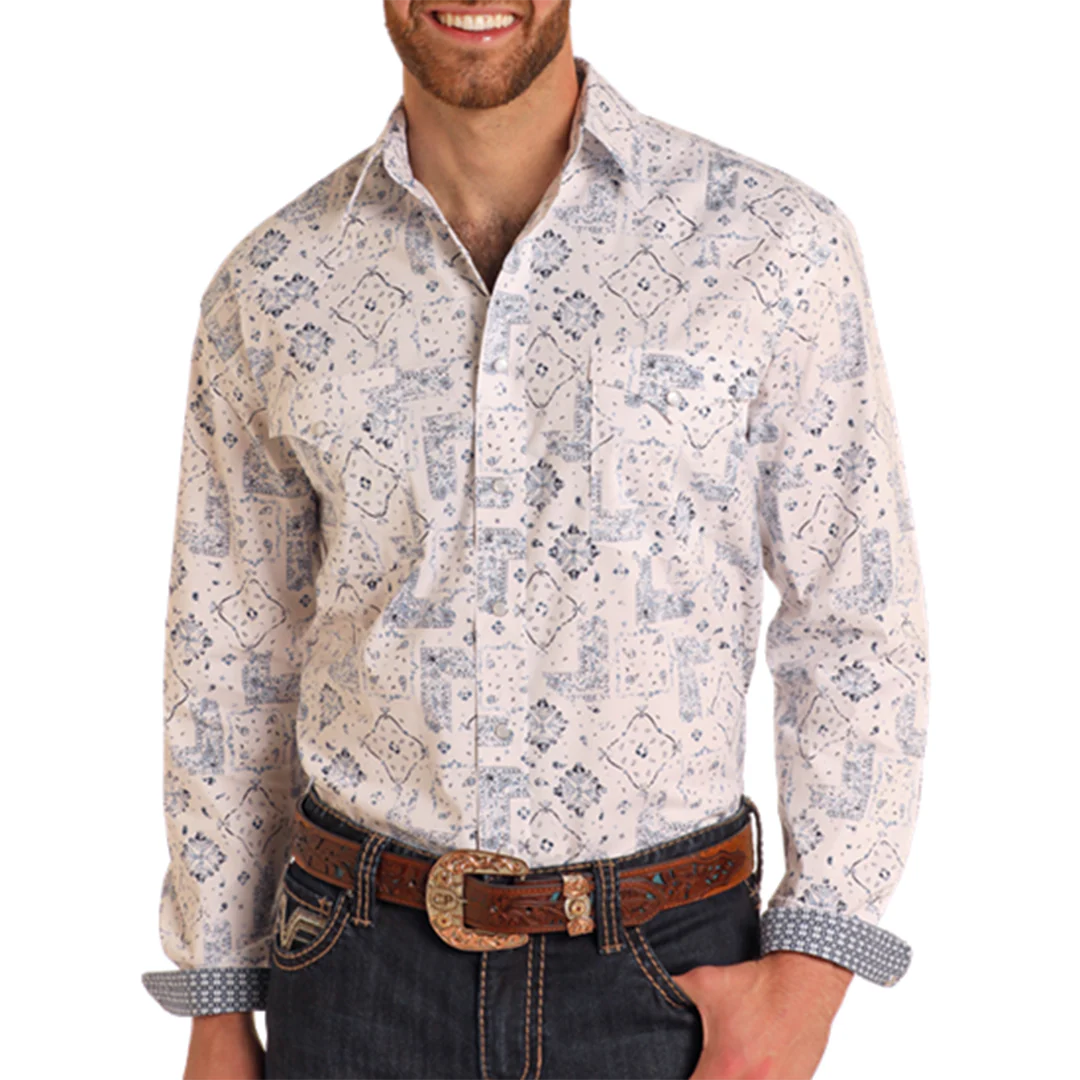 Rough Stock Men's Bandana Print Long Sleeve Snap Shirt