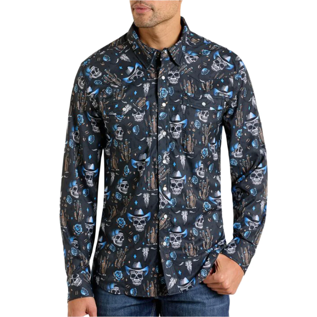 Rock & Roll Denim Men's Skull Print Long Sleeve Snap Shirt