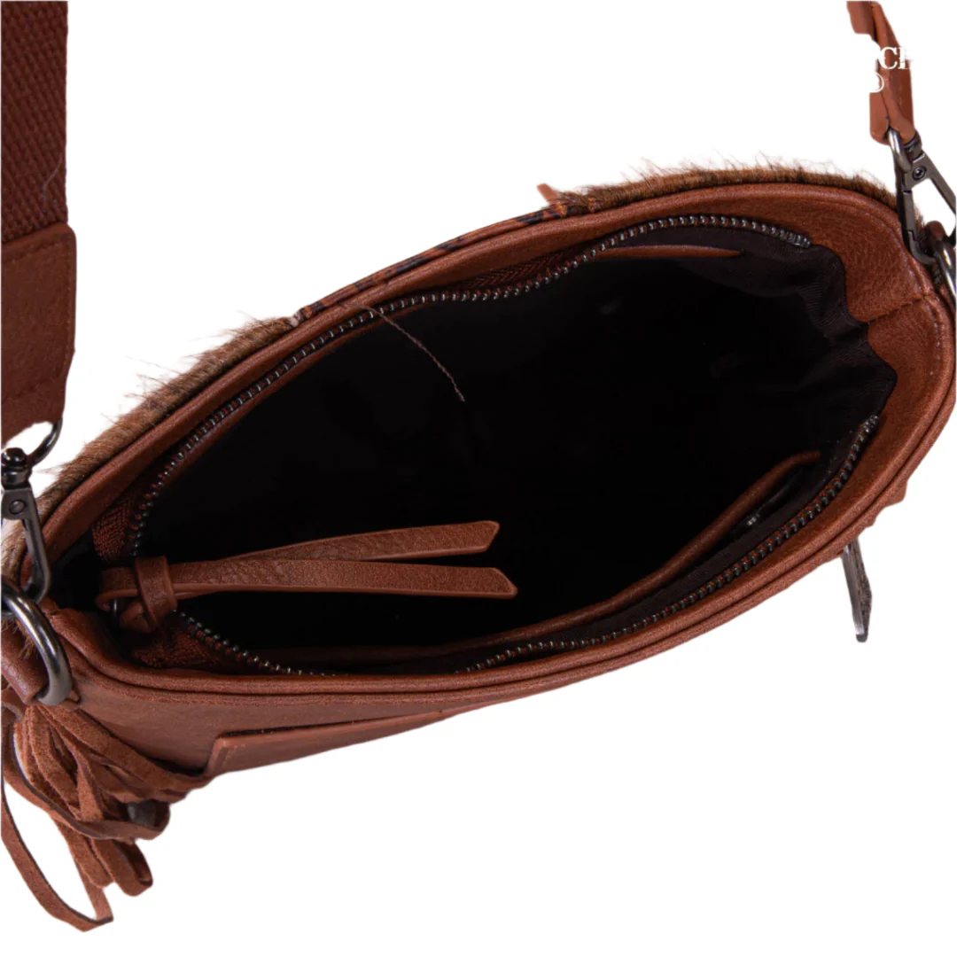 Trinity Ranch Hair-On Leather Cowhide Tooled Fringe Crossbody