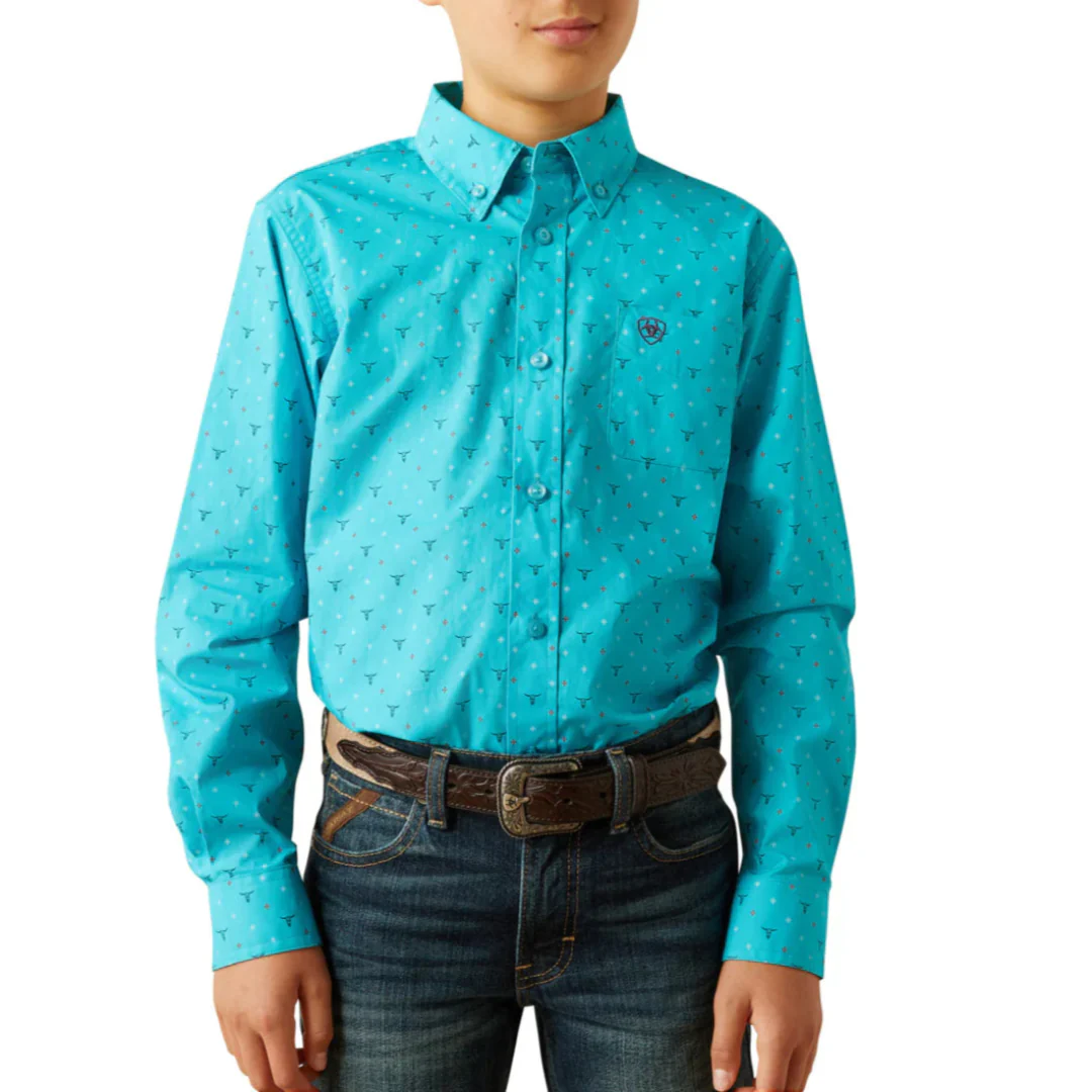 Ariat Boys' Willke Longhorn Print Short Sleeve Button Shirt