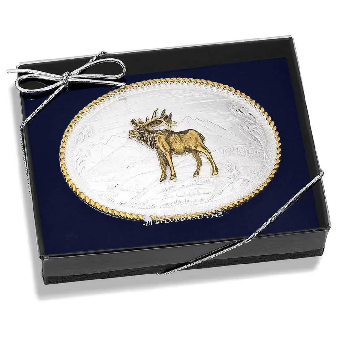 Montana Silversmiths Etched Mountain Scene & Bull Elk Belt Buckle